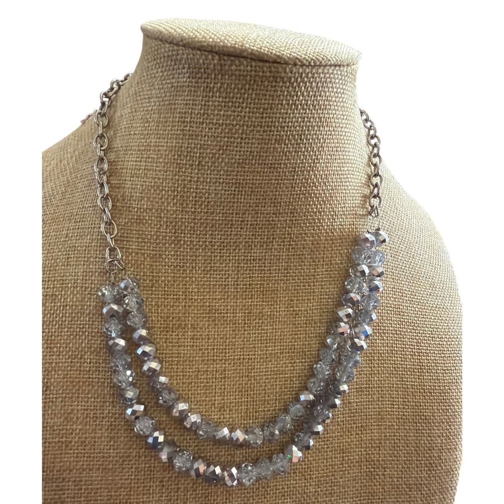 Silver Tone Double Strand Faceted Bead Layered Necklace Adjustable Layering